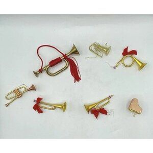 Mixed Lot Of 7 Brass Ornaments Musical Instruments Theme Christmas Horns Piano